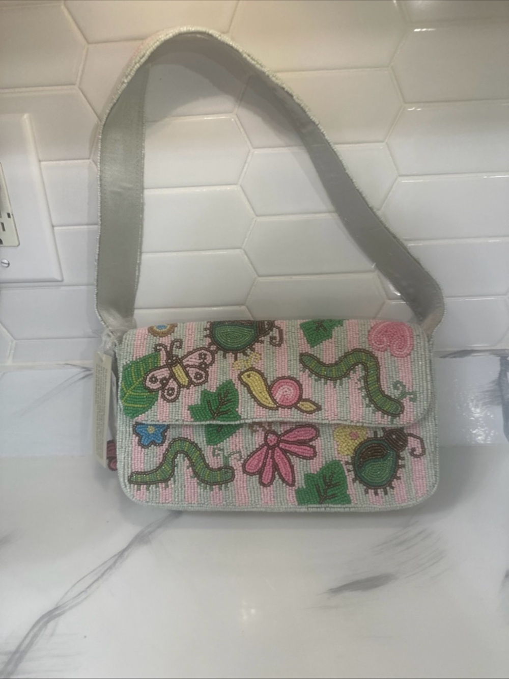 Beaded Garden Motif Shoulder Bag in Pastel Pink